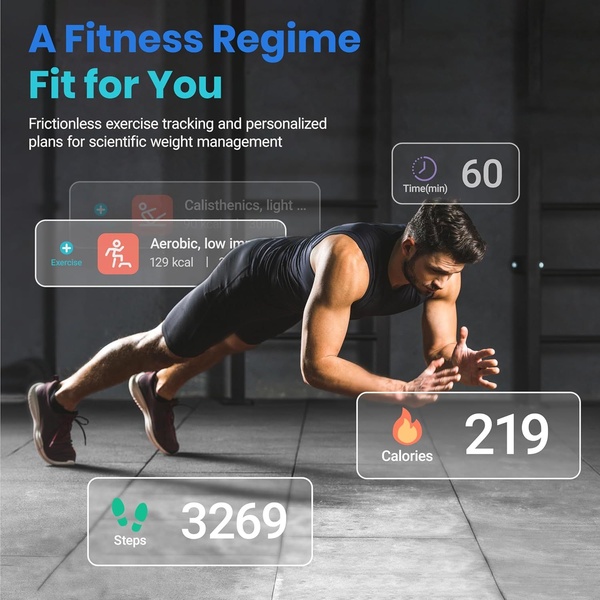 This creative displays a man performing a plank exercise overlaid with digital health tracking metrics like calories burned and step count.